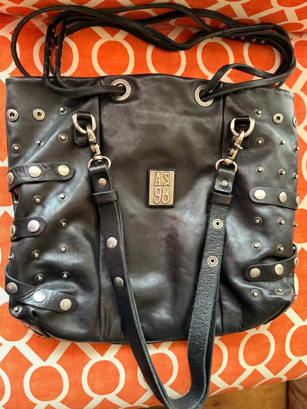 A.S.98 Black Studded Leather Tote Bag